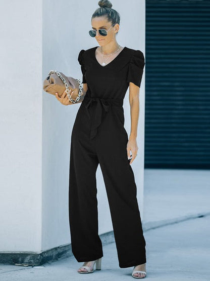 Women's Twisted Silk V-Neck Jumpsuit with Flared Waist Trousers and Pockets