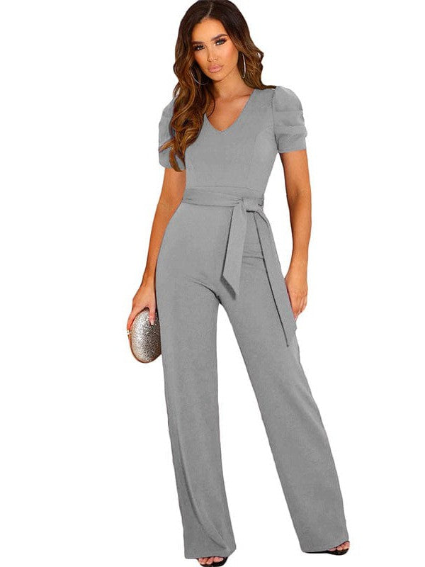 Women's Twisted Silk V-Neck Jumpsuit with Flared Waist Trousers and Pockets