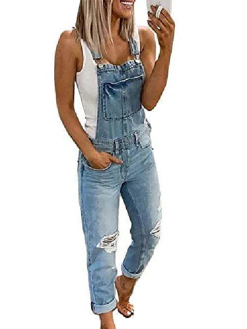 Women's Utility Denim Jumpsuit with Wide Leg Pants in Light Blue and Camouflage Gray Solid Color