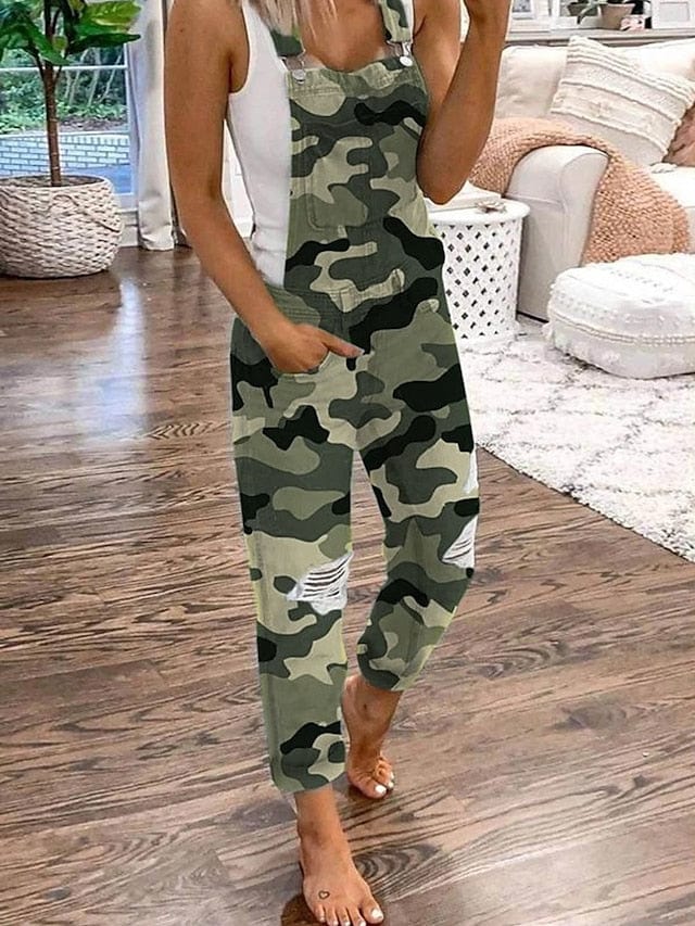 Women's Utility Denim Jumpsuit with Wide Leg Pants in Light Blue and Camouflage Gray Solid Color