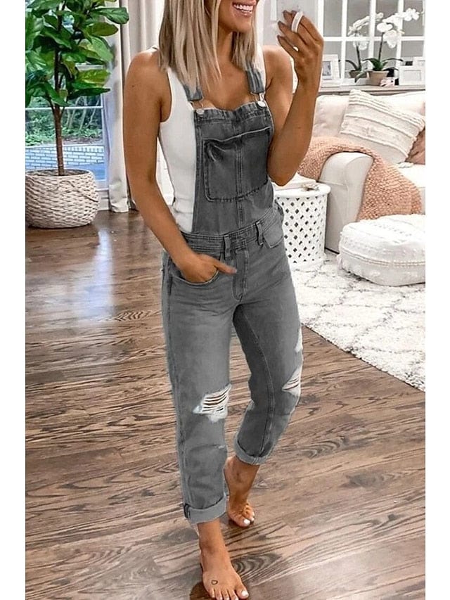 Women's Utility Denim Jumpsuit with Wide Leg Pants in Light Blue and Camouflage Gray Solid Color