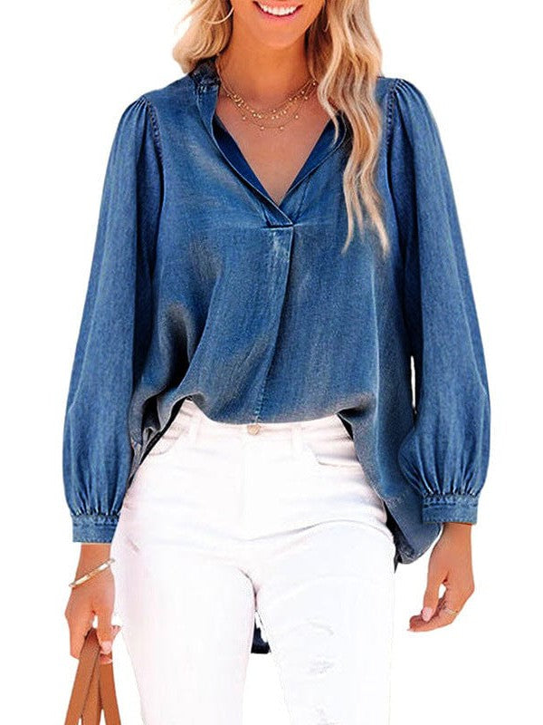 Women's V-Neck Denim Top with Lantern Sleeves and Simple Pullover