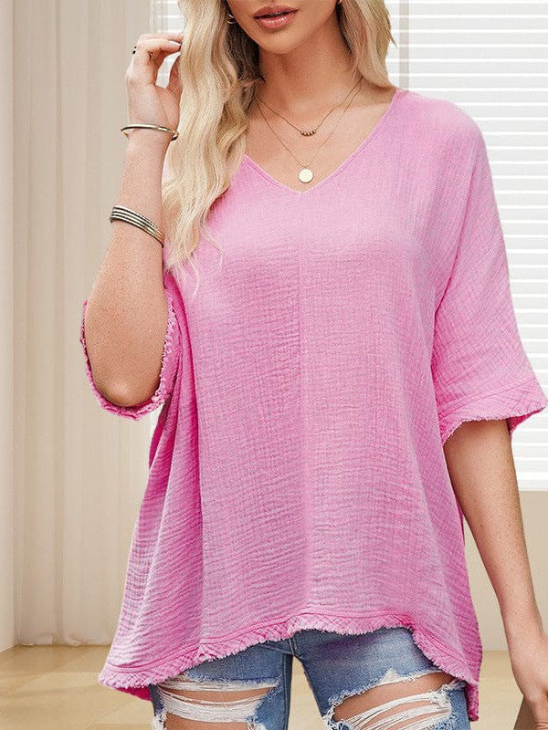 Women'S V-Neck Five-Quarter Sleeve Cotton T-Shirt With Raw Edge Hem