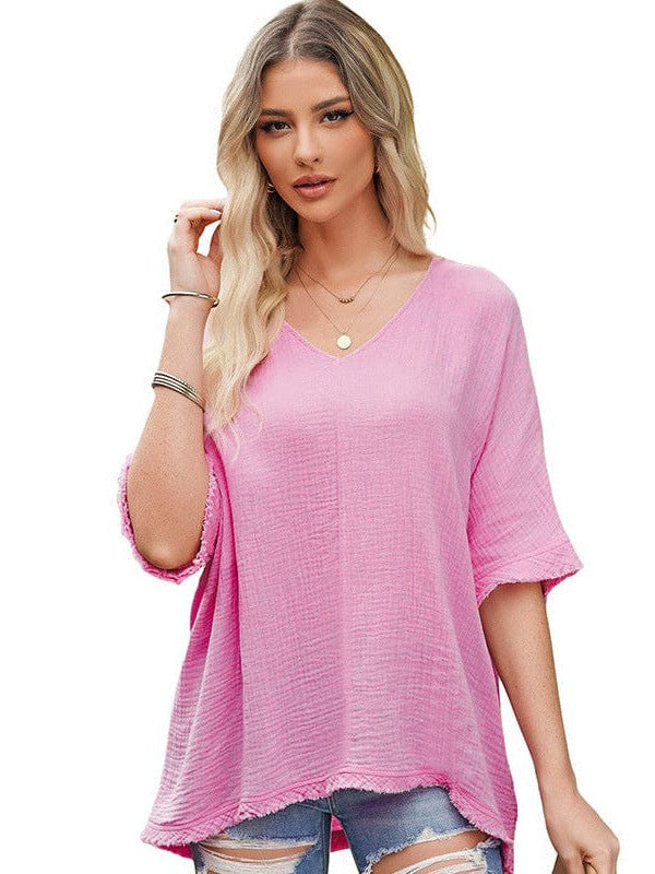 Women's V-Neck Five-Quarter Sleeve Cotton T-Shirt with Raw Edge Hem