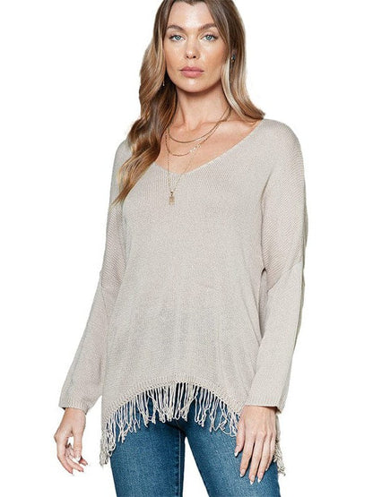 Women's V-Neck Off-Shoulder Loose Sweater with Tassel Details