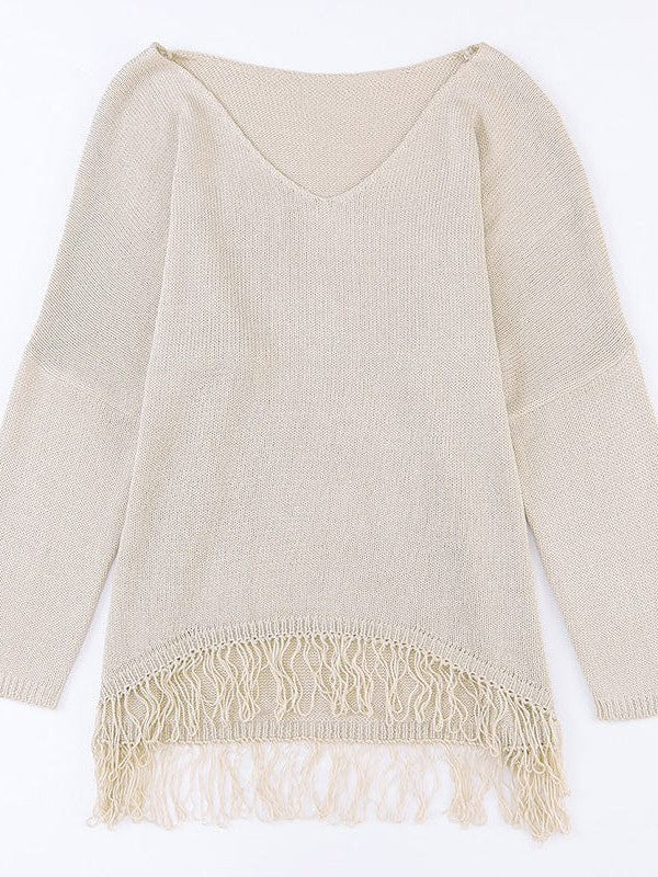 Women's V-Neck Off-Shoulder Loose Sweater with Tassel Details