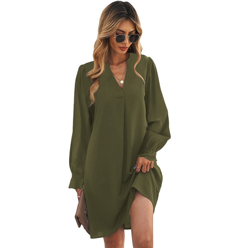 Women's V-Neck Ruffle Sleeve Solid Color Skirt with High Waist