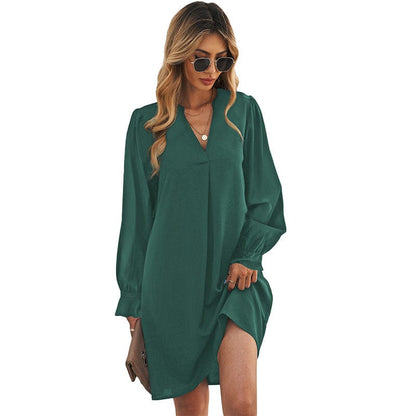 Women's V-Neck Ruffle Sleeve Solid Color Skirt with High Waist