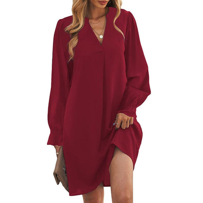 Women's V-Neck Ruffle Sleeve Solid Color Skirt with High Waist