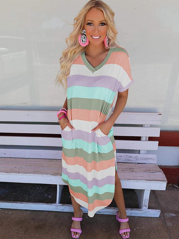 Women's V-Neck Striped Dress with Side Pockets and Loose-fit Design