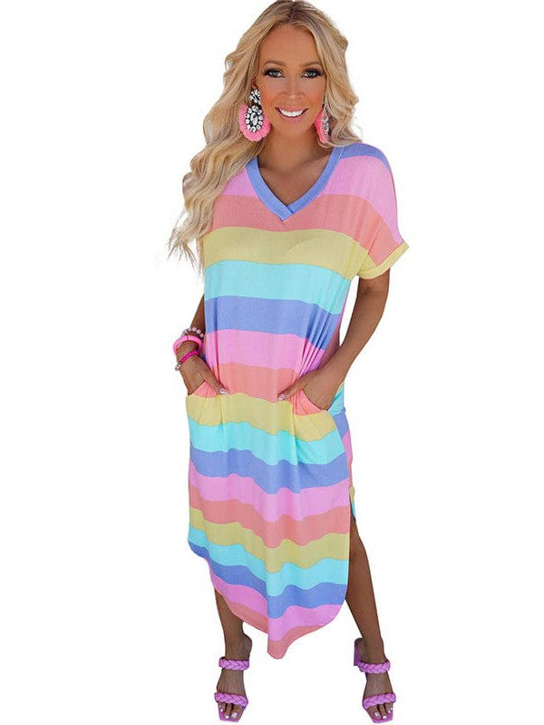 Women's V-Neck Striped Dress with Side Pockets and Loose-fit Design