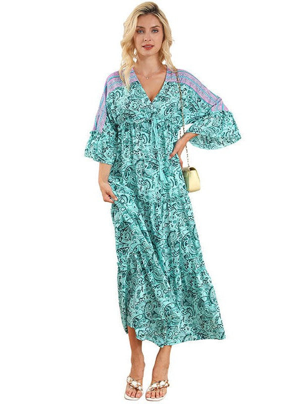 Women's Versatile Three-Quarter Sleeve Dress with High Waist Printed Long Skirt