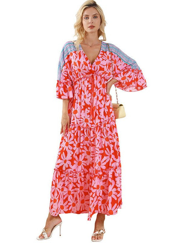 Women's Versatile Three-Quarter Sleeve Dress with High Waist Printed Long Skirt