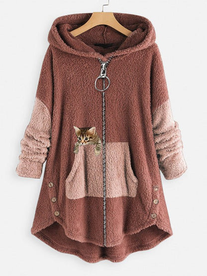 Coats - Cute Hooded Zipper Cat Printed Coat - MsDressly