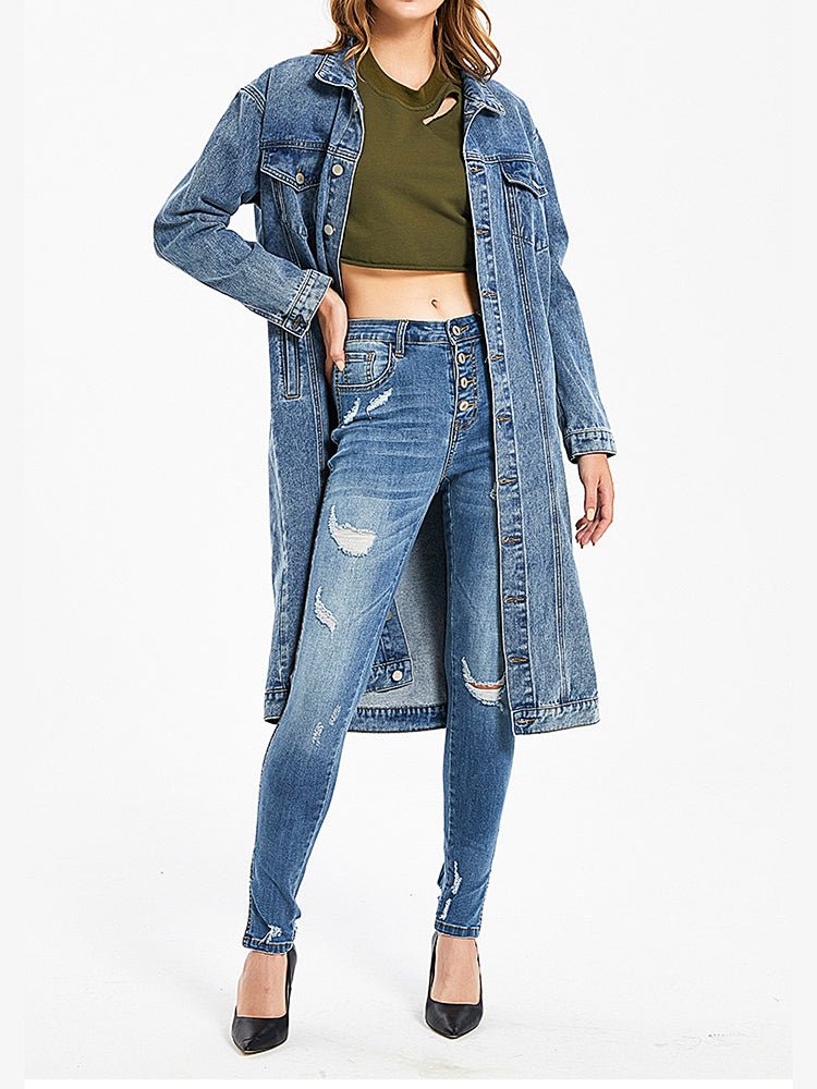 Coats - Denim Long Sleeve Single Breasted Coat - MsDressly