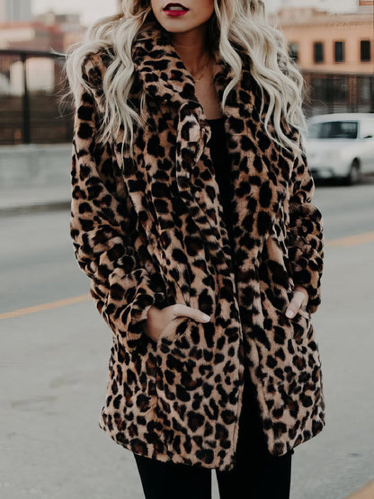 Coats - Lapel Leopard Print Faux Fur Long Sleeve Midi Coat - MsDressly