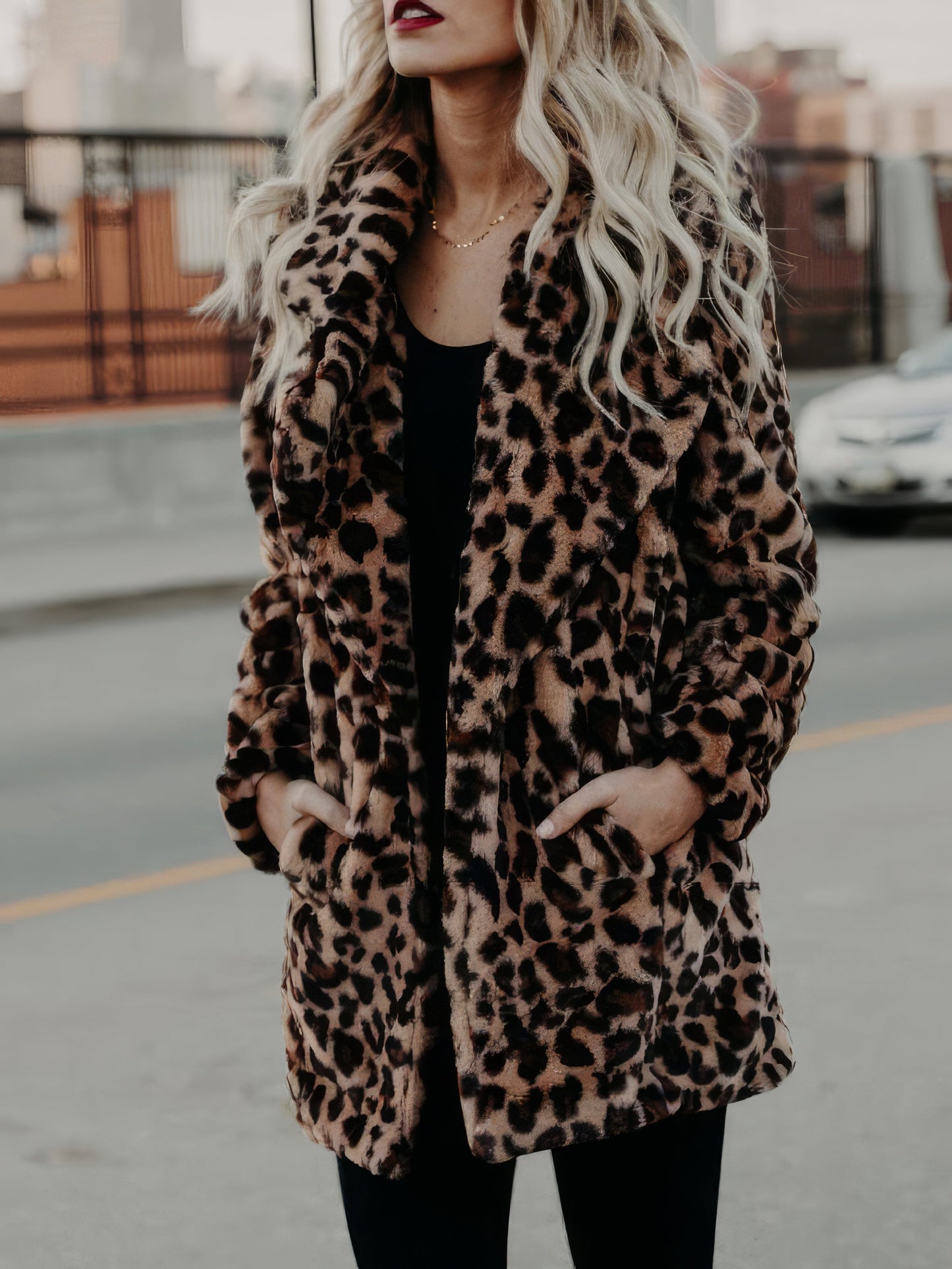 Coats - Lapel Leopard Print Faux Fur Long Sleeve Midi Coat - MsDressly