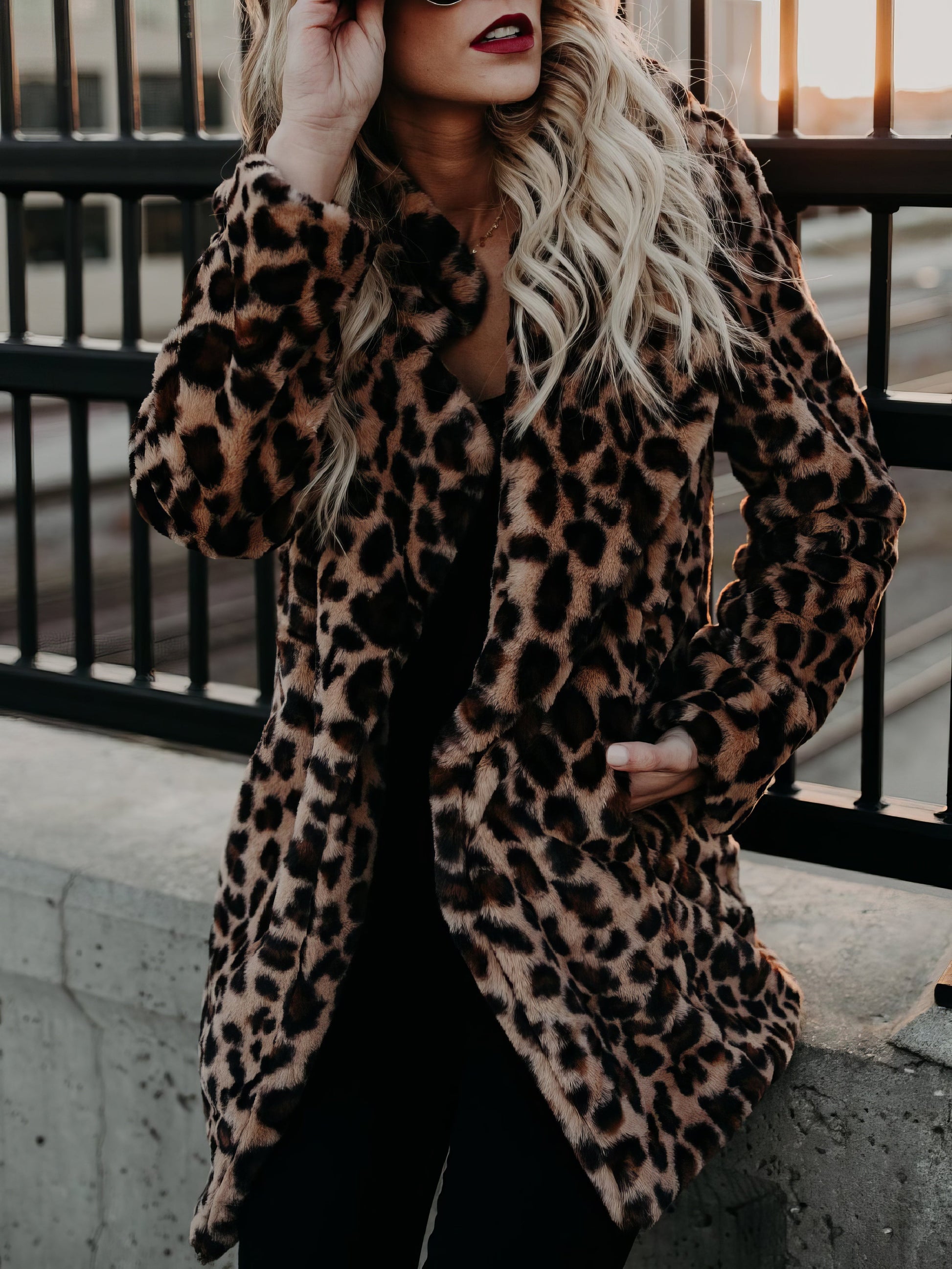 Coats - Lapel Leopard Print Faux Fur Long Sleeve Midi Coat - MsDressly