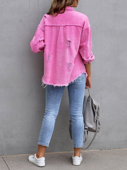 Coats - Medium Long Tattered Loose Denim Coat - MsDressly