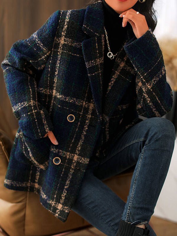 Coats - Retro Plaid Casual Woolen Coat - MsDressly