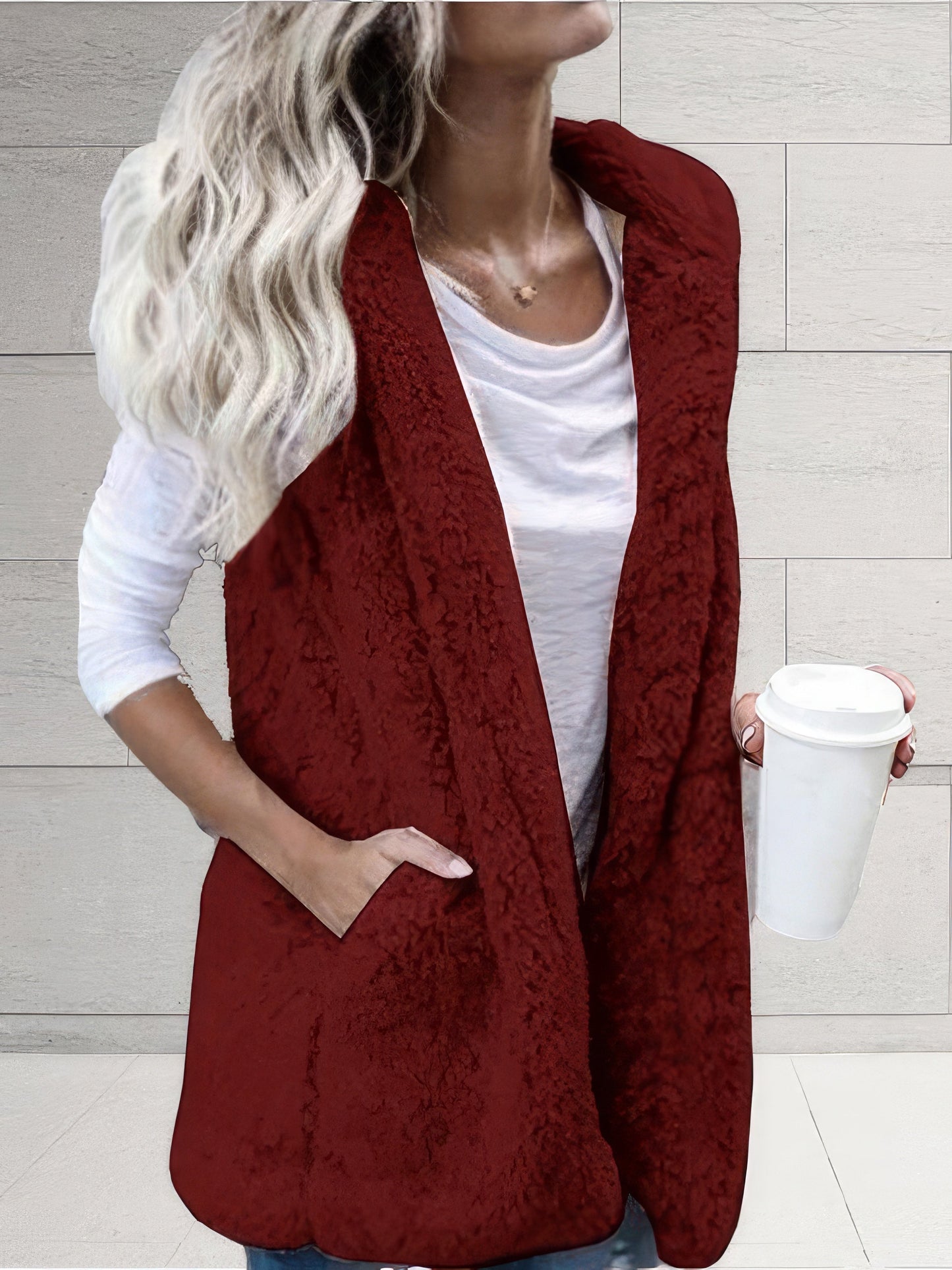 Coats - Solid Sleeveless Hooded Pocket Fur Vest - MsDressly