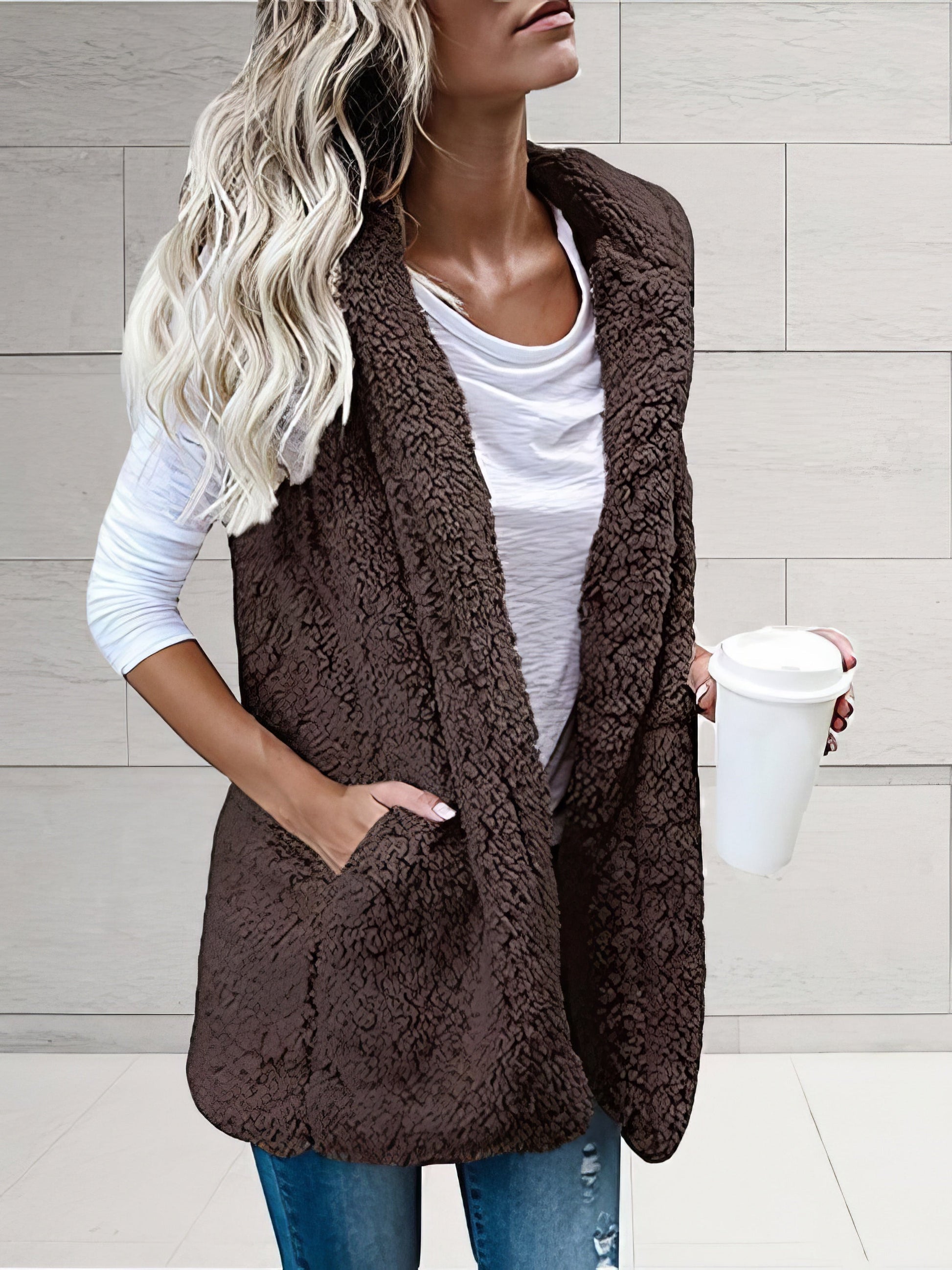 Coats - Solid Sleeveless Hooded Pocket Fur Vest - MsDressly