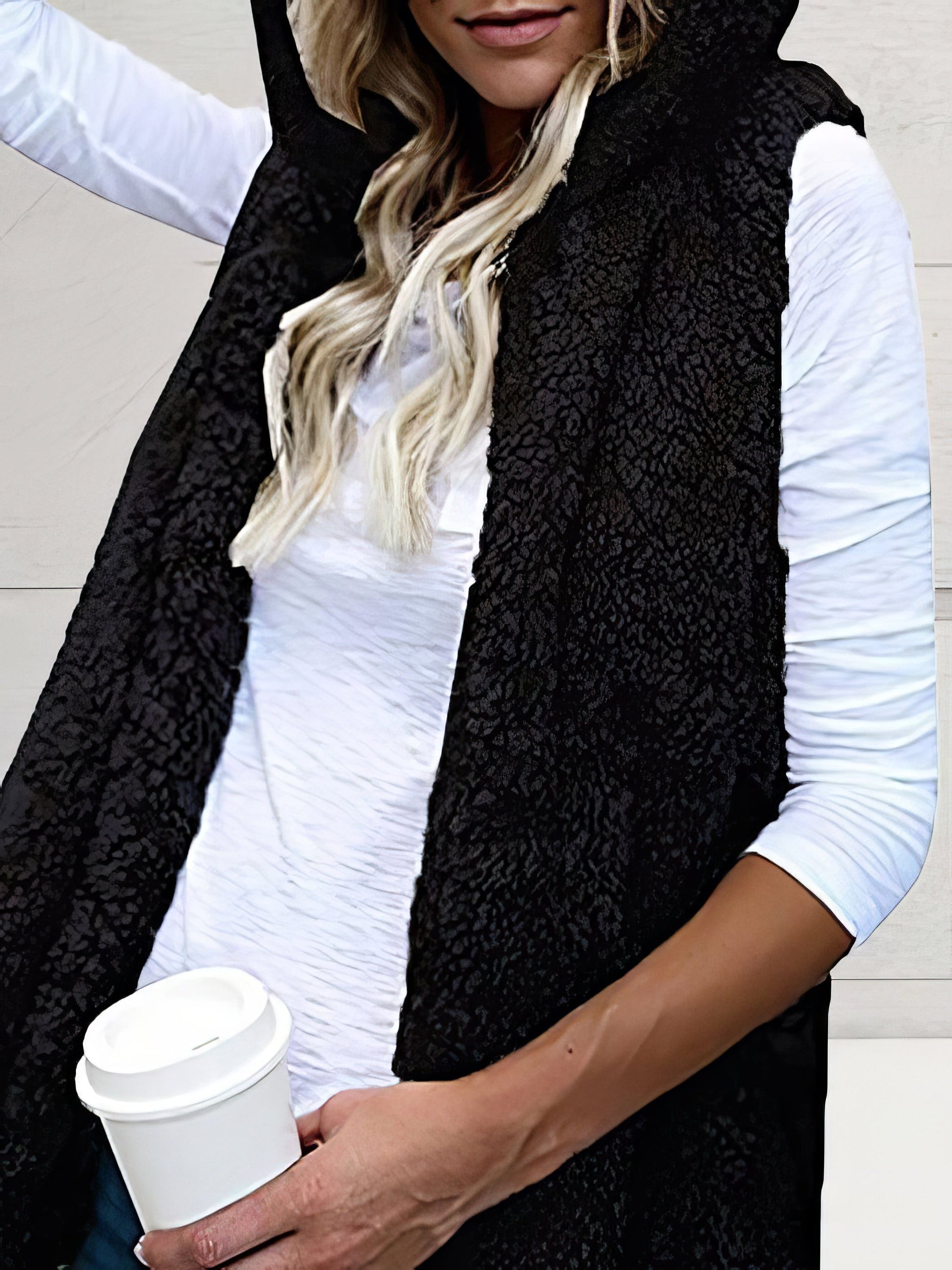 Coats - Solid Sleeveless Hooded Pocket Fur Vest - MsDressly