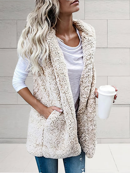 Coats - Solid Sleeveless Hooded Pocket Fur Vest - MsDressly