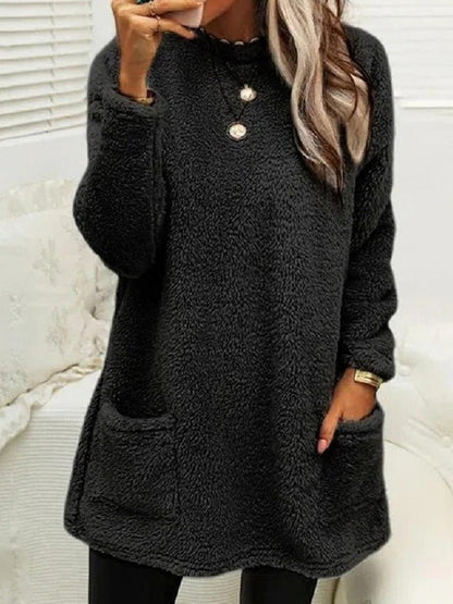 Mini Dresses - Plush Crew Neck Pocket Long Sleeve T-Shirt Dress - MsDressly