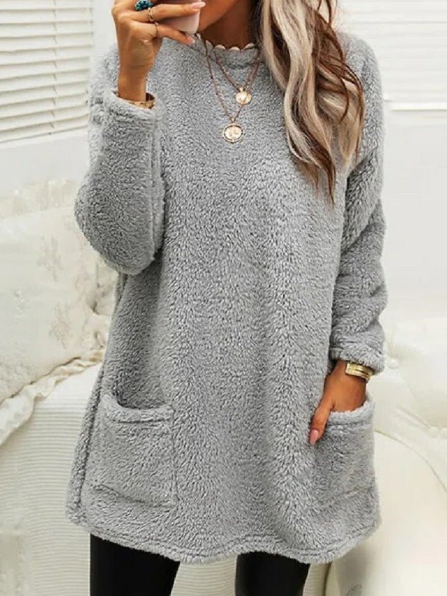 Mini Dresses - Plush Crew Neck Pocket Long Sleeve T-Shirt Dress - MsDressly