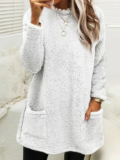 Mini Dresses - Plush Crew Neck Pocket Long Sleeve T-Shirt Dress - MsDressly