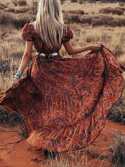 Maxi Dresses - Printed V-Neck Short Sleeve Bohemian Dress - MsDressly