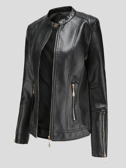 Jackets - Stand-Up Collar Zipper PU Leather Jacket - MsDressly