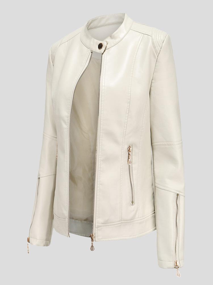 Jackets - Stand-Up Collar Zipper PU Leather Jacket - MsDressly