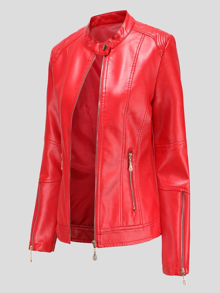 Jackets - Stand-Up Collar Zipper PU Leather Jacket - MsDressly