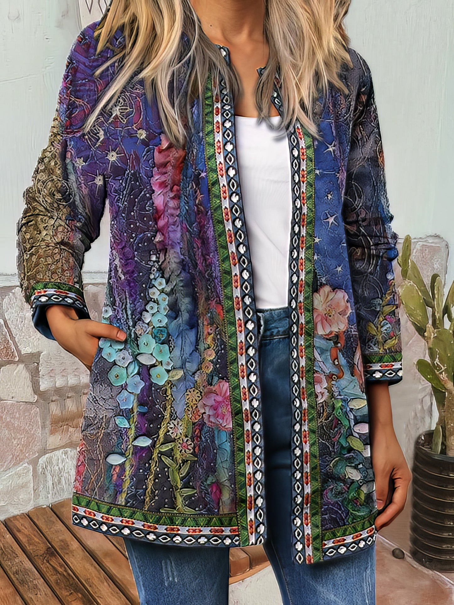 Jackets - Vintage Print Long Sleeve Cardigan Jacket - MsDressly