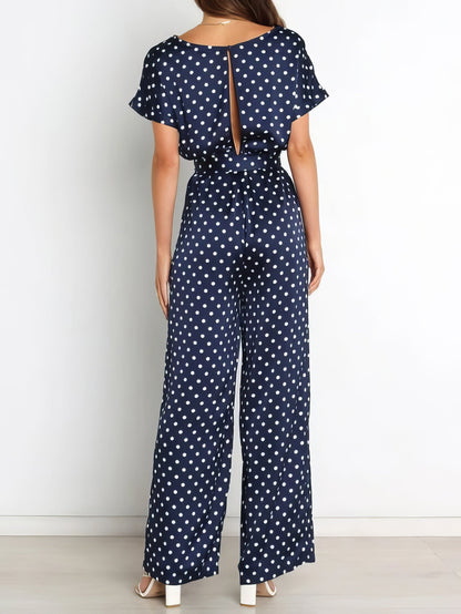 Jumpsuits - Polka Dot Print Belted Short Sleeve Jumpsuit - MsDressly