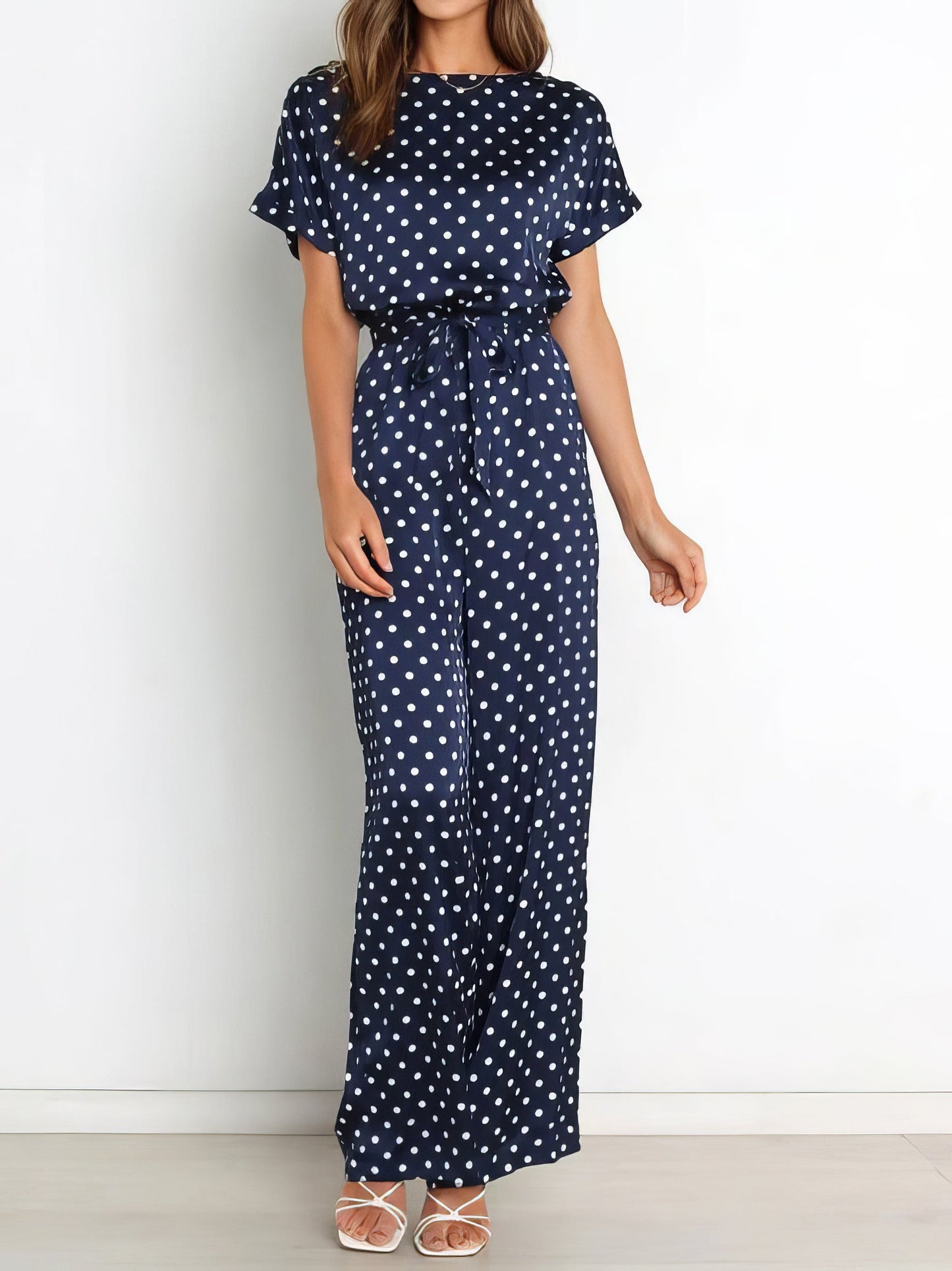 Jumpsuits - Polka Dot Print Belted Short Sleeve Jumpsuit - MsDressly