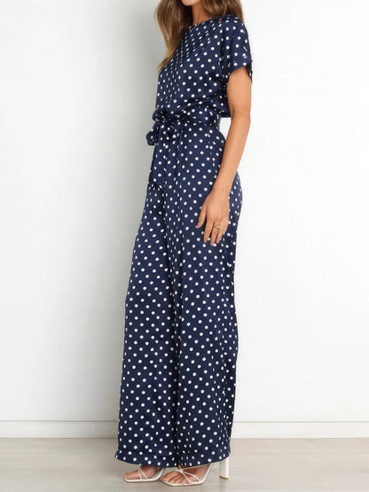 Jumpsuits - Polka Dot Print Belted Short Sleeve Jumpsuit - MsDressly