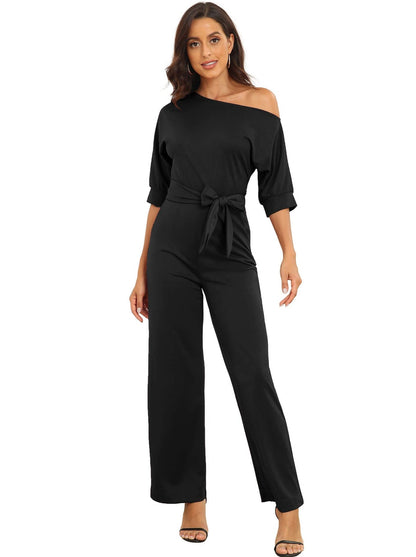 Jumpsuits - Sloping Shoulder Pocket Lace Up Jumpsuit - MsDressly