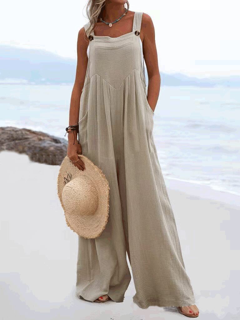 Jumpsuits - Solid Button Sling Pocket Wide-Leg Jumpsuit - MsDressly