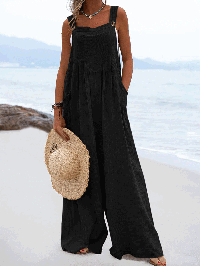 Solid Button Sling Pocket Wide-Leg Jumpsuit