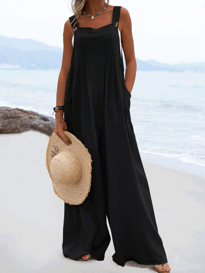 Jumpsuits - Solid Button Sling Pocket Wide-Leg Jumpsuit - MsDressly