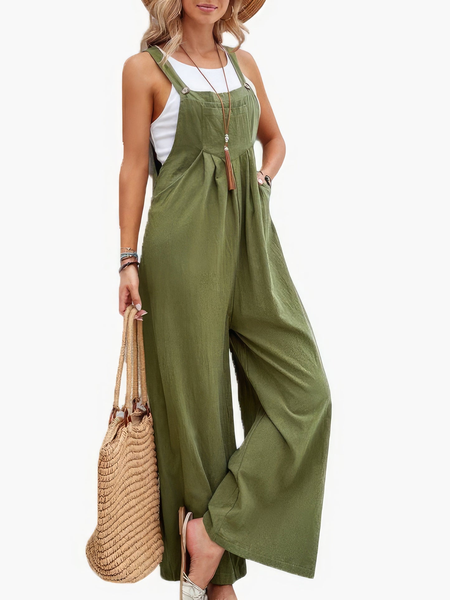 Jumpsuits - Solid Pocket Wide Leg Casual Jumpsuit - MsDressly