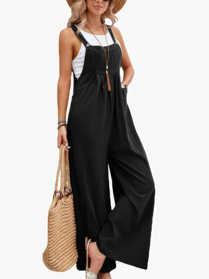 Jumpsuits - Solid Pocket Wide Leg Casual Jumpsuit - MsDressly