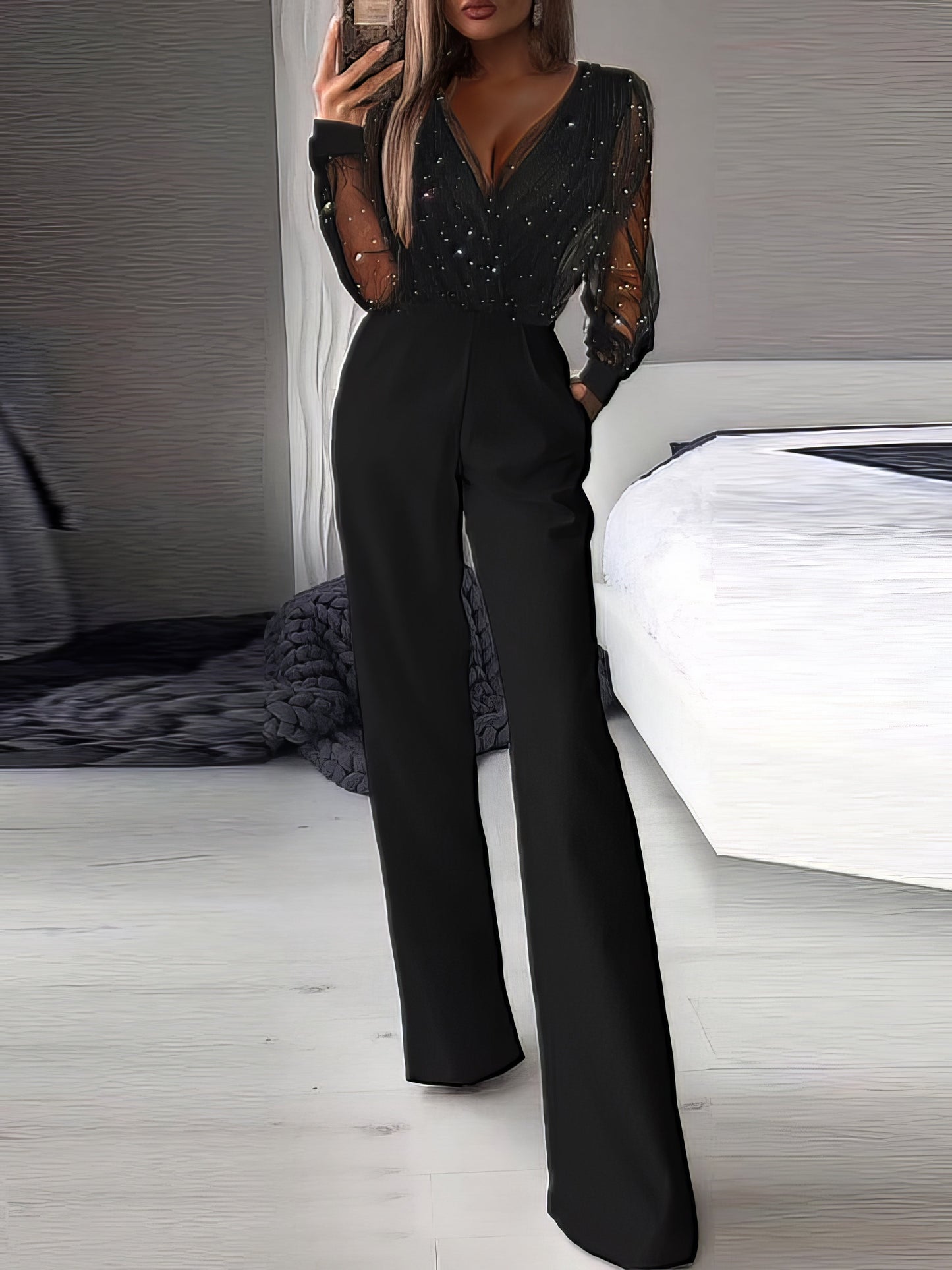 Jumpsuits - V-Neck Mesh Stitching Long Sleeve Jumpsuit - MsDressly