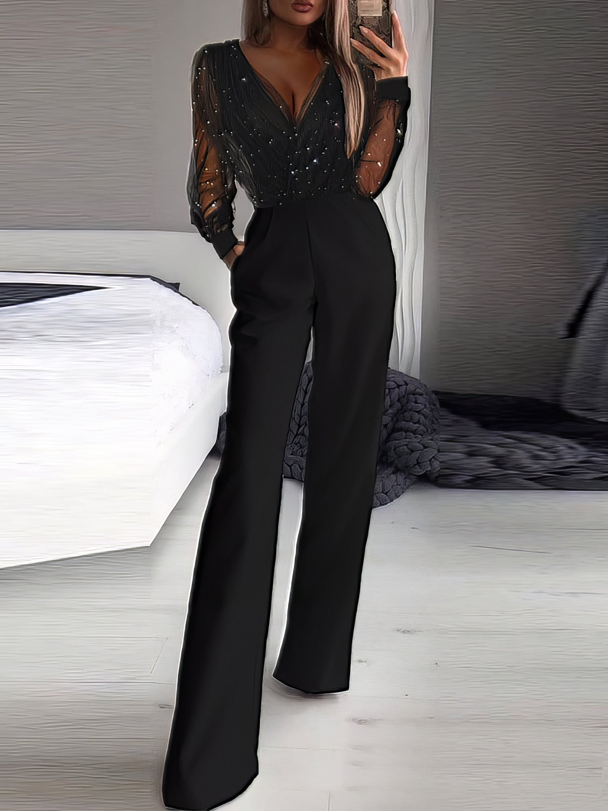 Jumpsuits - V-Neck Mesh Stitching Long Sleeve Jumpsuit - MsDressly