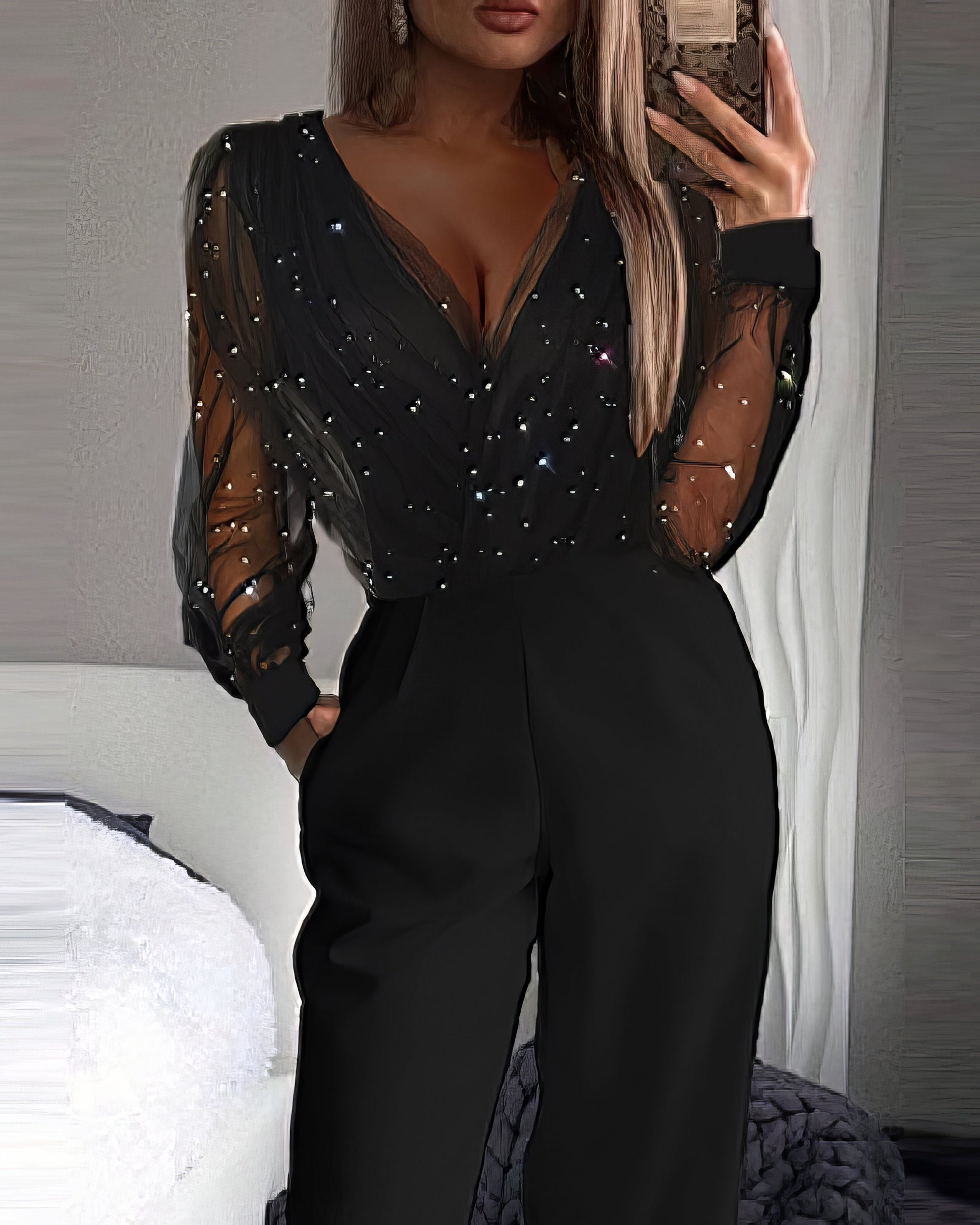 Jumpsuits - V-Neck Mesh Stitching Long Sleeve Jumpsuit - MsDressly