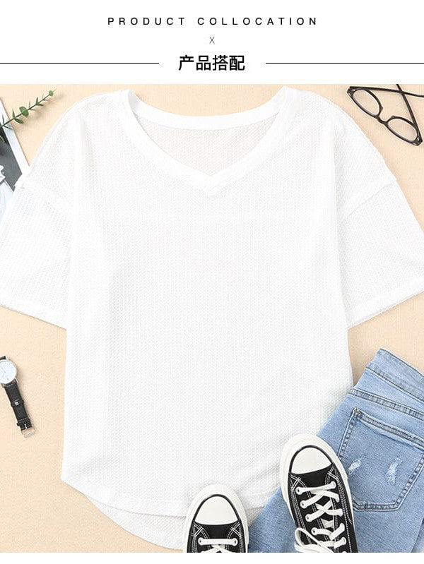 Womens Loose Waffle Knit Quarter-Sleeve Pullover T-Shirt