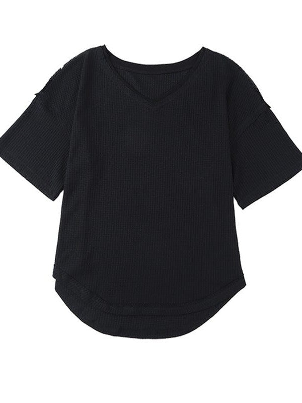 Womens Loose Waffle Knit Quarter-Sleeve Pullover T-Shirt